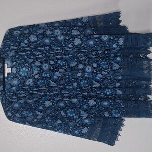 Coldwater Creek Button-up Tunic Lace Top Teal Blue Floral Pleated Boho Petite XL
